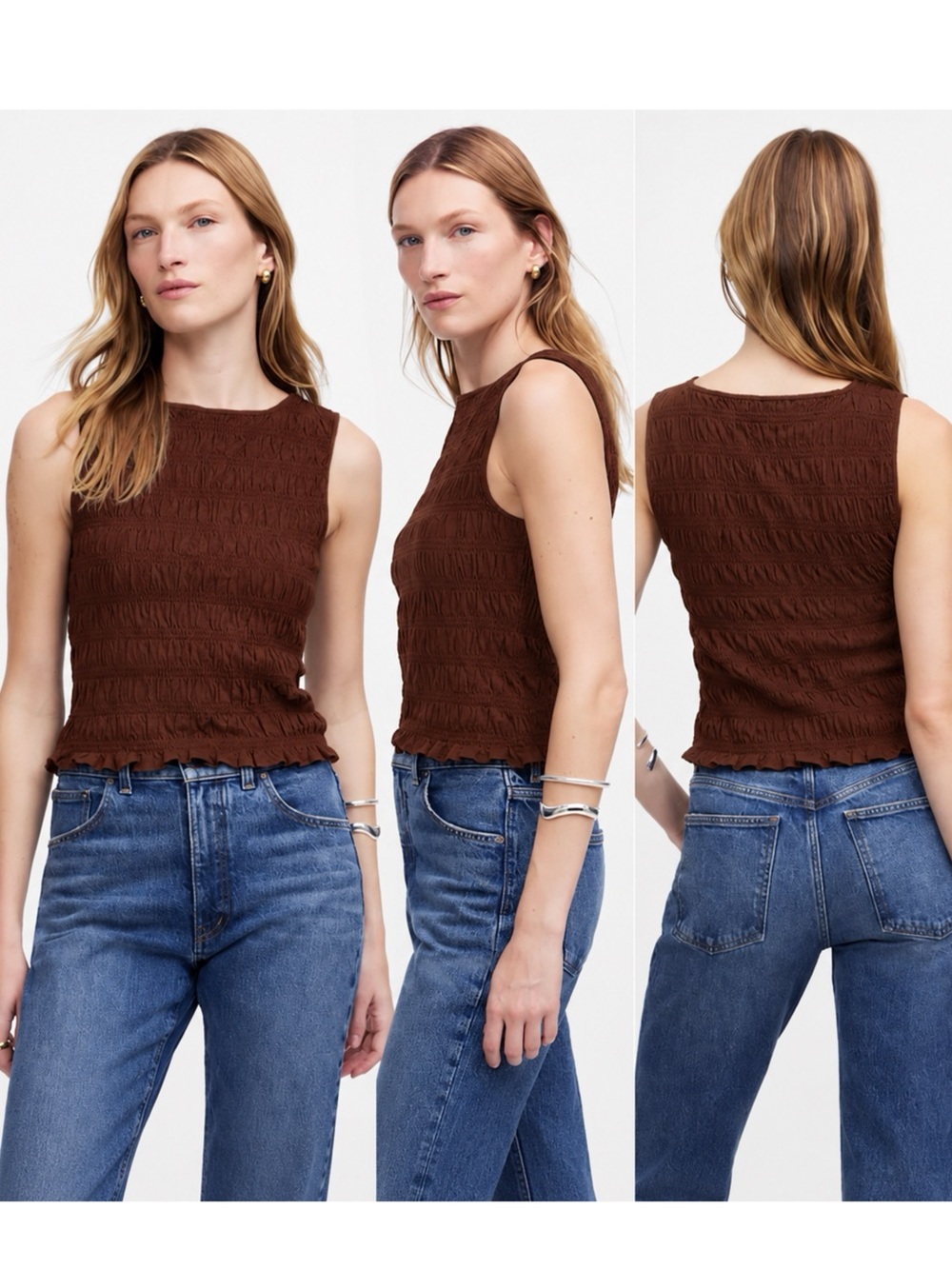 Madewell Smocked Boatneck Tank Brown Henna Cotton Linen Size Small NV912 NWT
